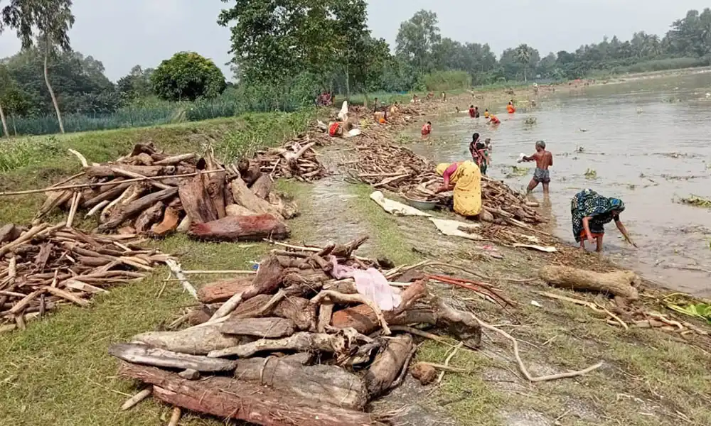 যমুনা নদীতে ভেসে আসছে কাঠের টুকরা